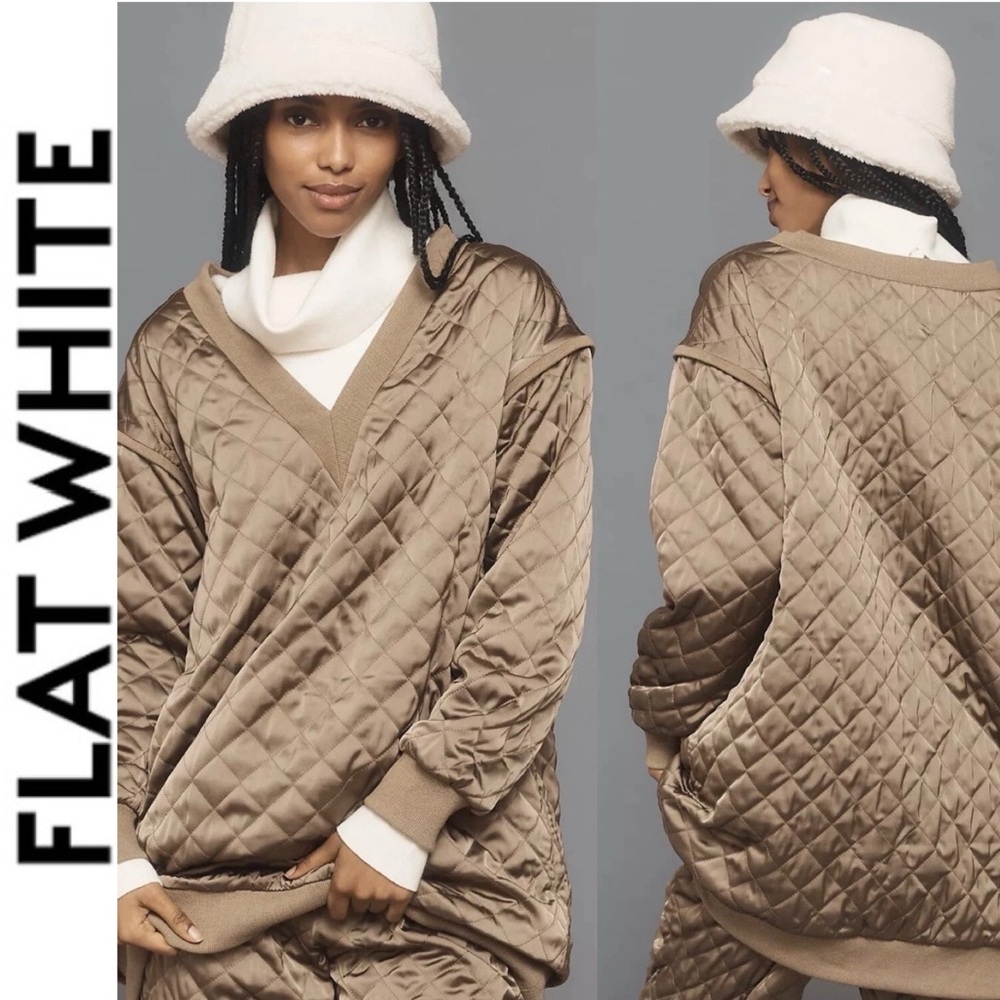 NWT Anthropologie x Flat White Olive Green Quilted V-Neck Sweater xsp